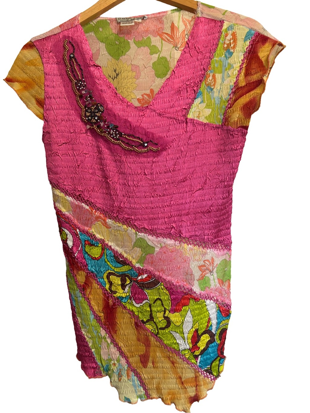 Vintage Alberto Makali Y2K Pink Popcorn Patchwork Beaded Top